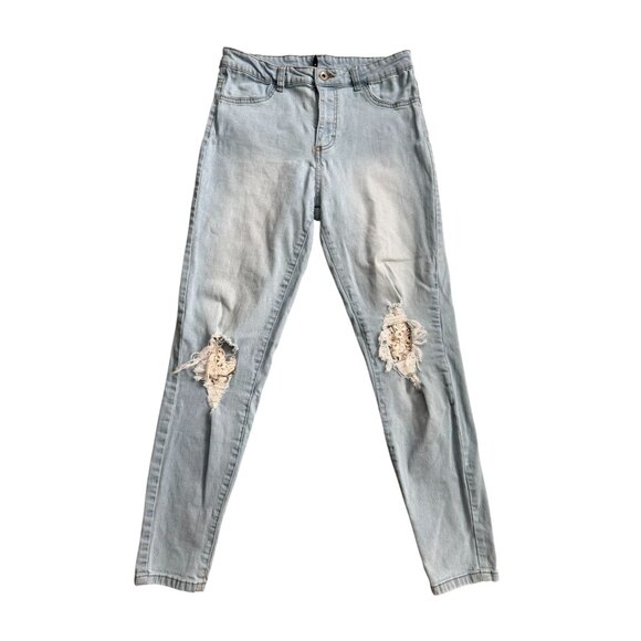 CALZEDONIA Distressed Lace Patch Light Wash Jeans Size Medium - Picture 1 of 9